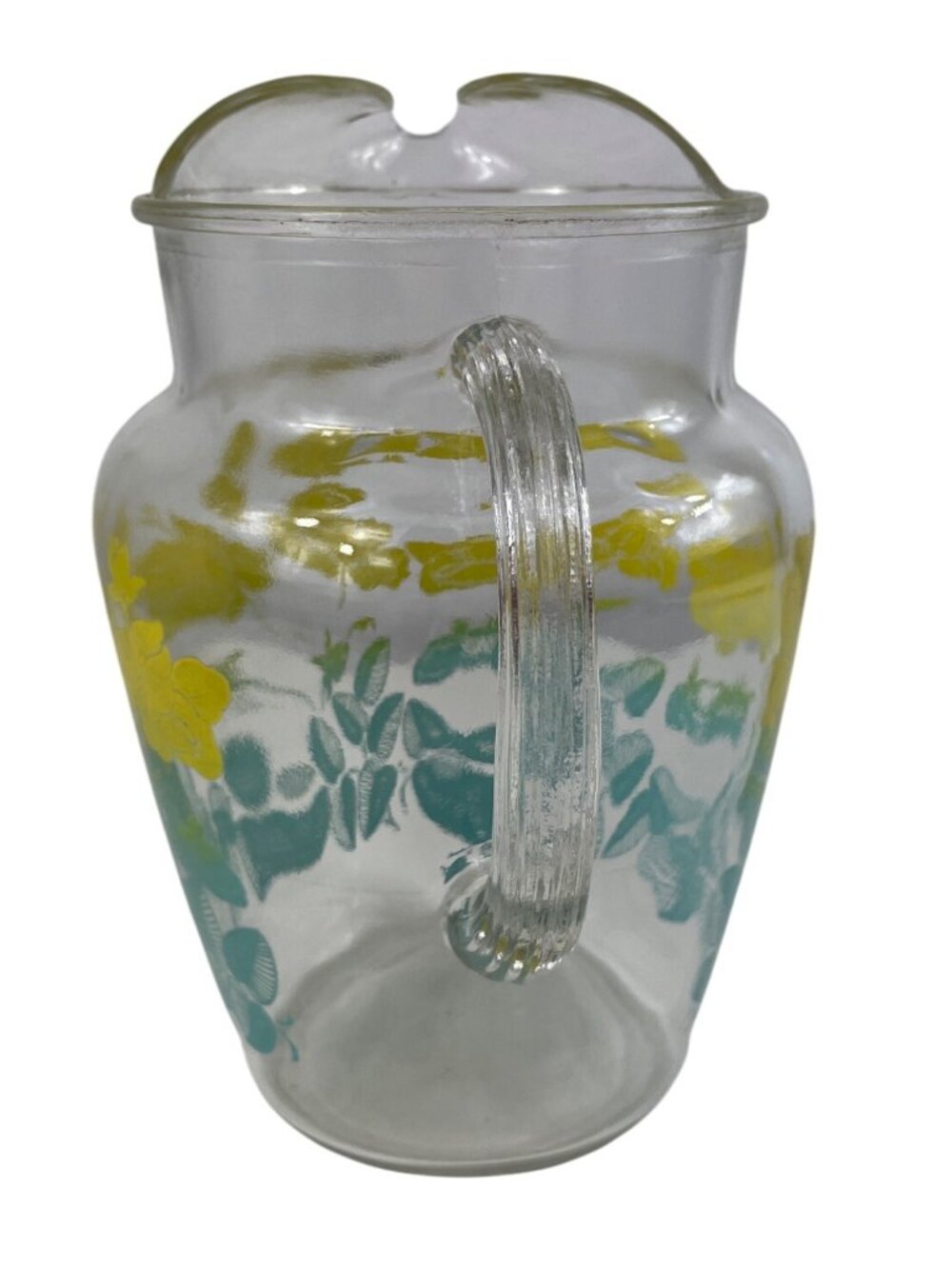 Vintage Federal Glass Pitcher Yellow Flowers Green Leaves Ice Lip Pour Spout - Picture 4 of 12